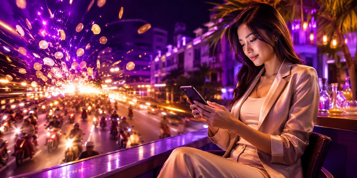 Người dùng Hà Nội mở trang cược trên điện thoại trong khung cảnh neon